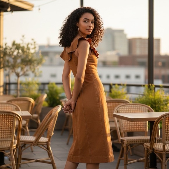 Anthropologie Medium Tan Ruffle Sleeve Stretch Button-Up Fitted MIDI Dress New - Picture 3 of 14